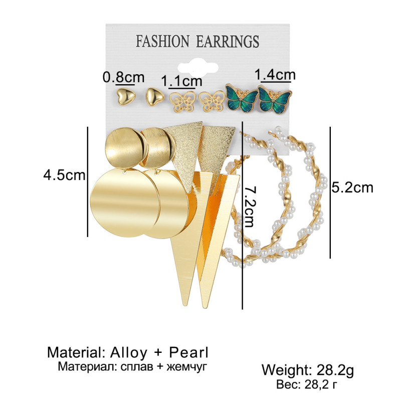 Cross-Border Multi-Layer Geometric Circle Inlaid Rhinestone Butterfly Earrings Set 6 Pairs Creative Butterfly Pendant Hoop Earrings