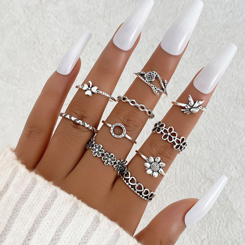 European and American Cross-Border Ring Set Irregular Long Flower Lotus Heart Joint Rings 10-Piece Set Knuckle Rings