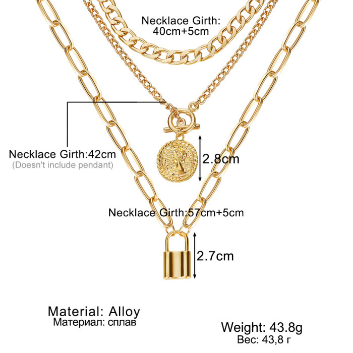 Alloy Embossed Round Pendant Necklace Creative Retro Simple Gold Double Layer Clavicle Chain Choker for Women