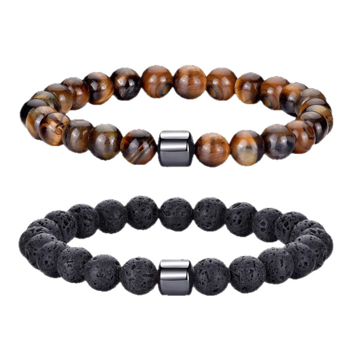 Amazon Cross-Border Volcanic Stone Bracelet Fashion Simple Tiger Eye Stone Bracelet Men's Elastic Cord Spacer Bead Bracelet Set