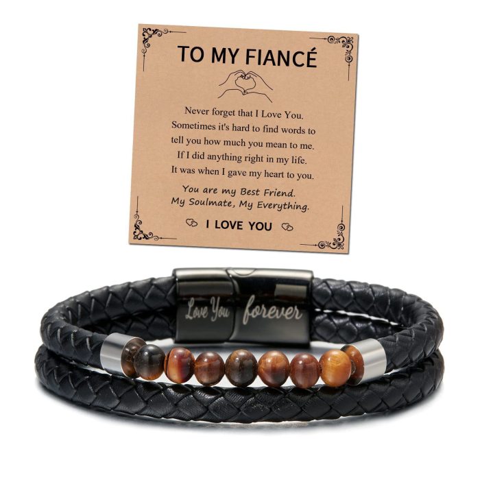 Leather Bracelet Stainless Steel Black Engraved Magnetic Clasp Love You Forever Double Layer Tiger Eye Stone Leather Bracelet