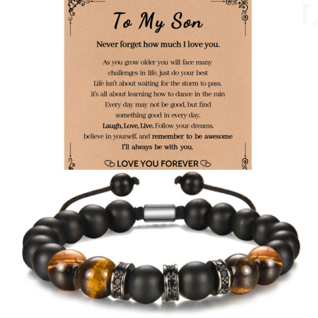 New Handmade Woven Bracelet for Son Husband Boyfriend Tiger Eye Stone Black Matte Bracelet Amazon Bestseller