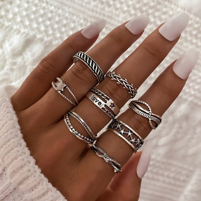 European and American Cross-Border Vintage Distressed Butterfly Snake-Shaped Ring Set Combination Open Multi-Joint Ring Set 9-Piece Set
