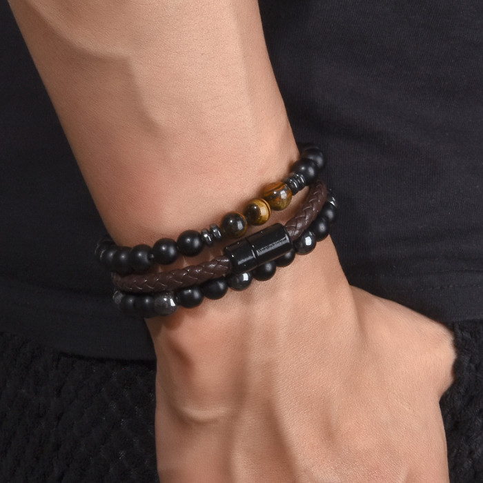 European and American Cross-Border Tiger Eye Stone Copper Micro-Inlaid Elastic Bracelet Black Matte Zircon Ball Punk Style Bracelet Two-Piece Set Wholesale