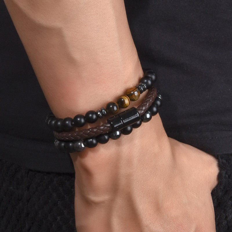 European and American Cross-Border Tiger Eye Stone Copper Micro-Inlaid Elastic Bracelet Black Matte Zircon Ball Punk Style Bracelet Two-Piece Set Wholesale