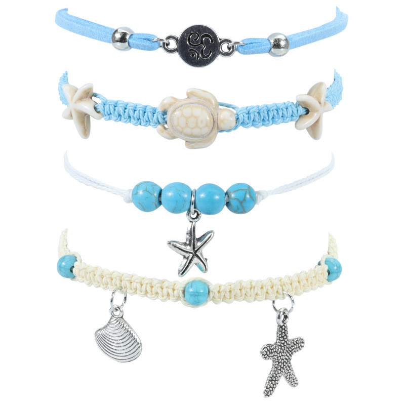 Amazon Hot-Selling New European and American Style Starfish Turtle Anklet Waterproof Wax Thread Braided Summer Surfing Anklet Set