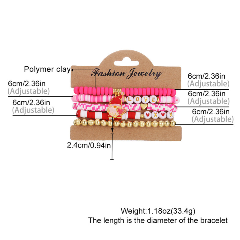 European and American Cross-Border Valentine's Day Bracelet Multi-Layer Stacked Pink Heart Pendant Bracelet Soft Clay Beaded Elastic Bracelet
