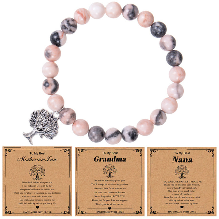 Hot-Selling European and American Grandma Pink Zebra Stone Bracelet Tree of Life Pendant Bracelet Nana Grandma Card Gift