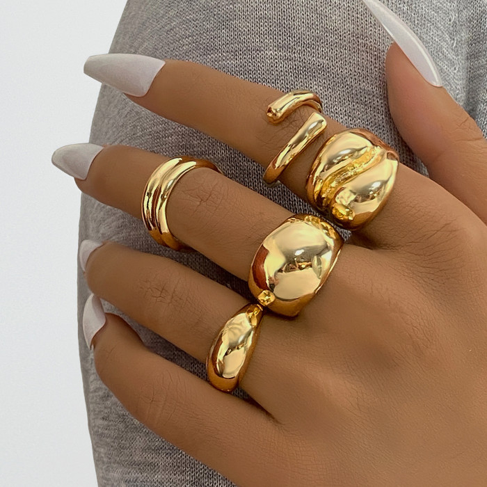 European and American Cross-Border Geometric KC Gold Electroplated Alloy Material Spherical Ring 4-Piece Set Irregular Smooth Open Ring