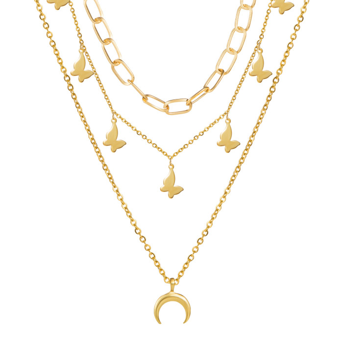 Jewelry Fashion Stone-Studded Pentagram Crescent Pendant Multi-Layer Stacking Necklace Personality Clavicle Chain N...