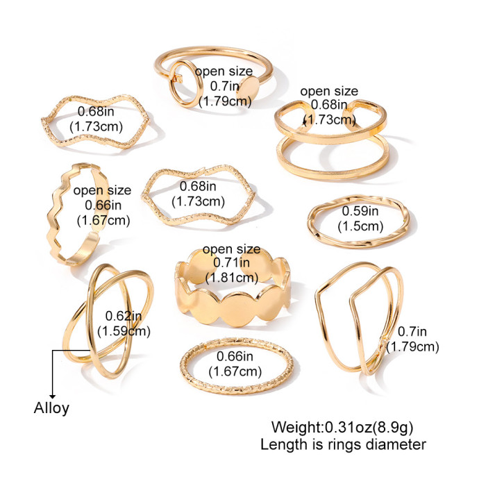 European and American Style Alloy Open Rings 10-Piece Set Personality Water Wave Cross Rings Heart Rings Index Finger Knuckle Tail Rings