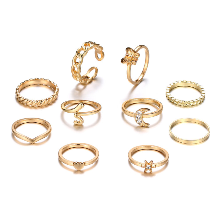 European and American 10-Piece Set Heart Alloy Rings Cross-Border Hot-Selling Butterfly Rings Open Gold Multi-Joint Ring Set