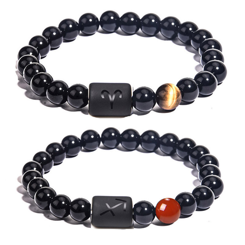 Amazon New Twelve Constellation Elastic Bracelet Men's Tigereye Agate Mixed Colorful Beads Sub-Bracelet Wish Hot Sale