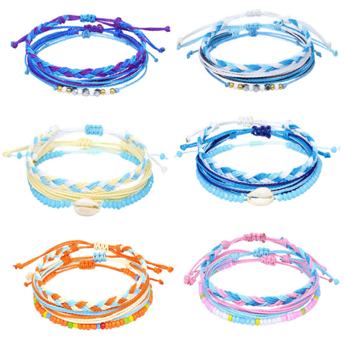 Amazon Hot Sale American West Coast Style Ins Style Shell Wax Thread Hand-Woven Bracelet Three-Piece Set