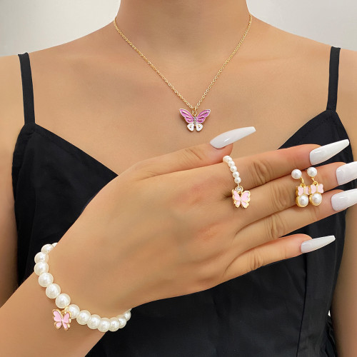 Foreign Trade Hot Selling Simple Jewelry Fashion Versatile Necklace Pearl Bracelet Ring Earrings Set Watch Accessories In Stock