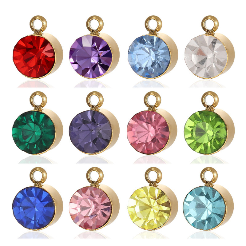 European and American Cross-Border Twelve Birthstone Round Zircon Stainless Steel DIY Necklace Pendant Accessories Wholesale
