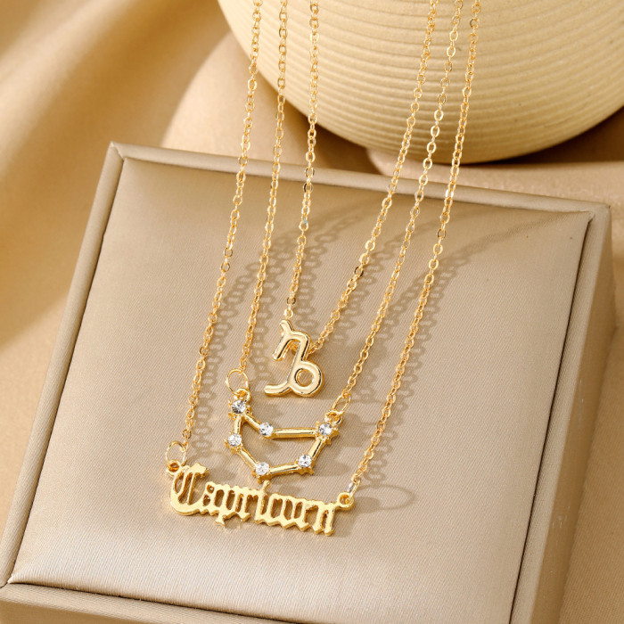 Twelve Constellations Alloy Necklace for Women, Multi-Layer 12 Zodiac Gold Stone-Inlaid Necklace Set of 3, High-End...
