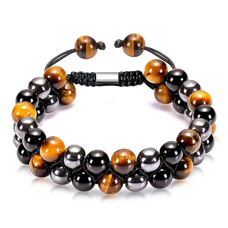Amazon Hot-Selling Natural Stone Tiger Eye Braided Double-Layer Bracelet Adjustable Black Magnetic Stone Beaded Bracelet for Men and Women