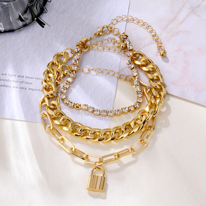 Fashion Retro Lock Shape Mixed Chain Bracelet Personality Hip Hop Thick Chain Claw Chain Stone Jewelry Accessories,...