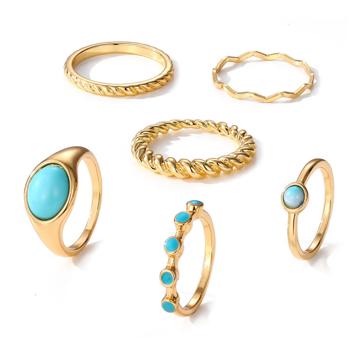 New Style Pine Green Stone Braided Ring 6-Piece Set Gold Wave Knuckle Ring Green Pine Stone Women's Ring