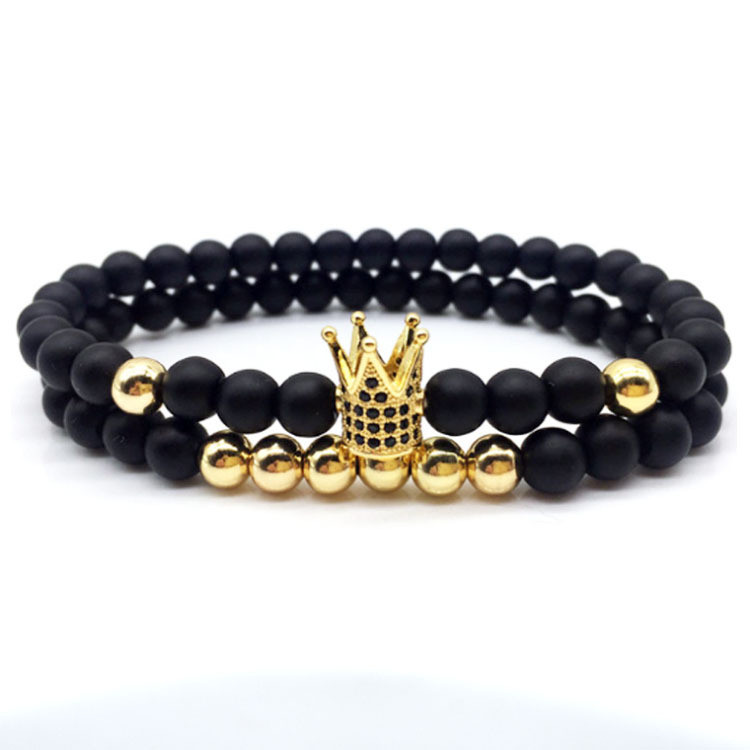 European and American New Style 6mm Black Matte Copper Bead Bracelet Micro Inlaid Zircon Crown Bracelet Couple Bracelet Factory Direct Sale