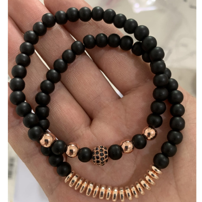 Foreign Trade New Model 6mm Black Matte Hand-Pierced Copper Bead UFO Micro Inlaid Diamond Ball Bracelet Men's Bracelet Set Wholesale