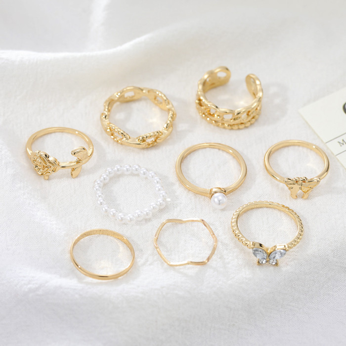 Korean Jewelry AliExpress Cross-Border European and American Retro Rings Gold Inlaid Diamond Butterfly Pearl Hollow Rings 10-Piece Set