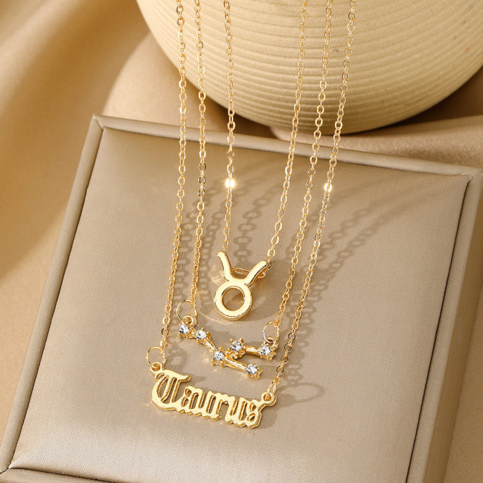 Twelve Constellations Alloy Necklace for Women, Multi-Layer 12 Zodiac Gold Stone-Inlaid Necklace Set of 3, High-End...