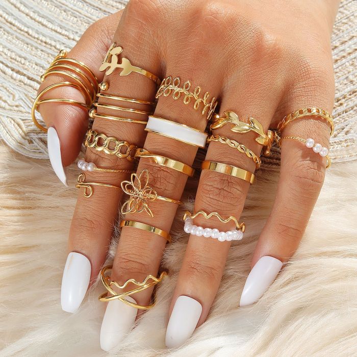Cross-Border Hot Selling Butterfly Leaf Metal Multi-Joint Ring Set 21-Piece Hollow Heart Geometric Rings Wholesale
