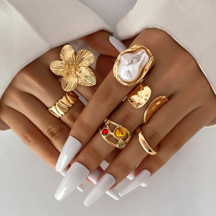 Europe and America Cross Border Design Liquid Lava Flower Open Ring Ins Baroque Imitation Pearl Inlaid Jewel Ring