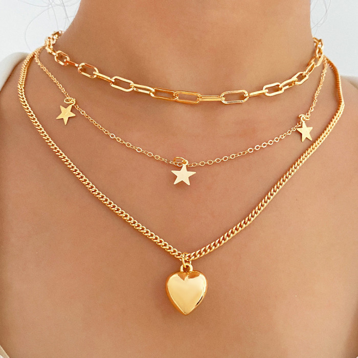 Retro Style Multi-layer Chain Necklace for Women, Ins Style Layered Trendy Collarbone Chain with Heart and Pentagram...