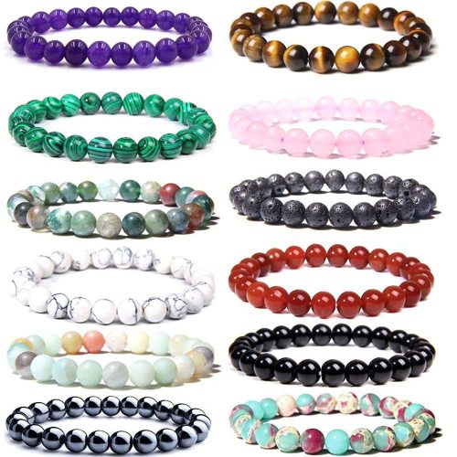 8mm Tiger Eye Stone Pink Quartz Volcanic Stone Amethyst Hematite Red Agate Beads Bracelet Elastic Beaded Bangle Cross-Border
