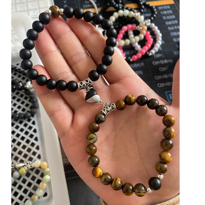 New Arrival Heart-Shaped Magnetic Stone Qixi Festival Couple Bracelet Cross-Border Exclusive Magnetic Tiger Eye Stone Volcanic Stone Bracelet