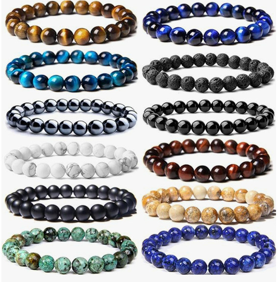 Cross-Border European and American Men's Stone Bead Bracelet Set Decorations Round Beaded Bracelet for Men and Women Agate Elastic Beaded Bracelet