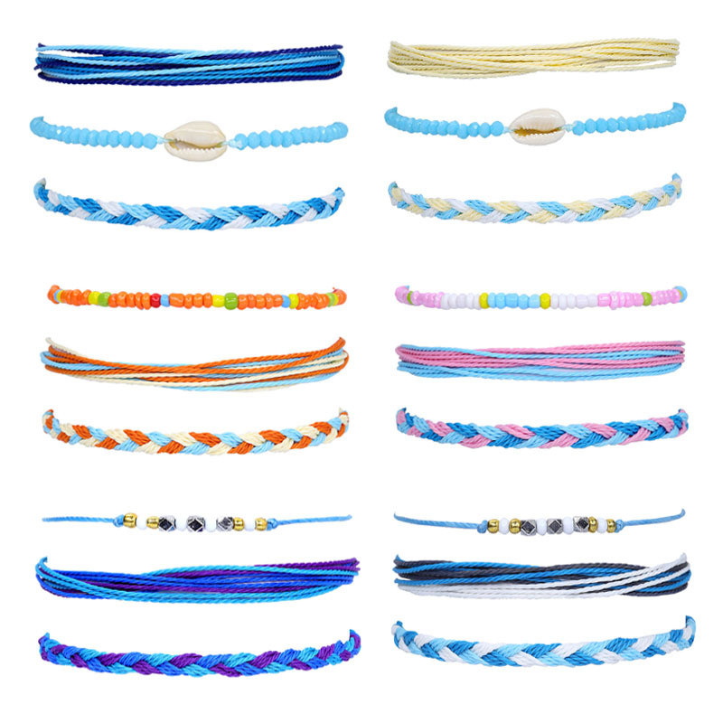 European and American Hot-Selling Bohemian Style Beach Waterproof Wax Thread Shell Beaded Handmade Woven Bracelet 3-Piece Set