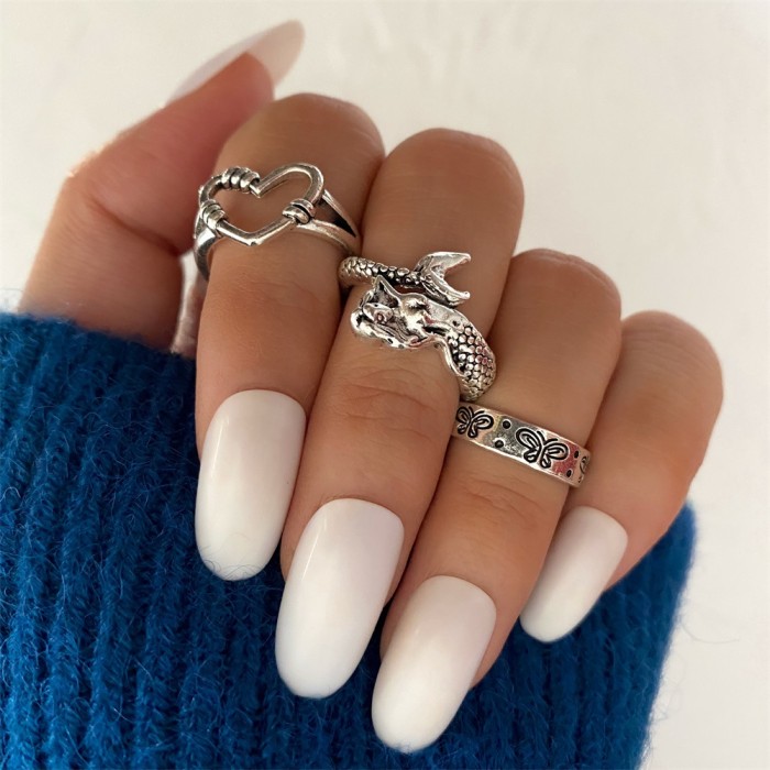 Korean Jewelry Fashion Hip-Hop Minimalist Style Ring 3-Piece Set Personality Open Index Finger Ring Hexagram Retro Kn...