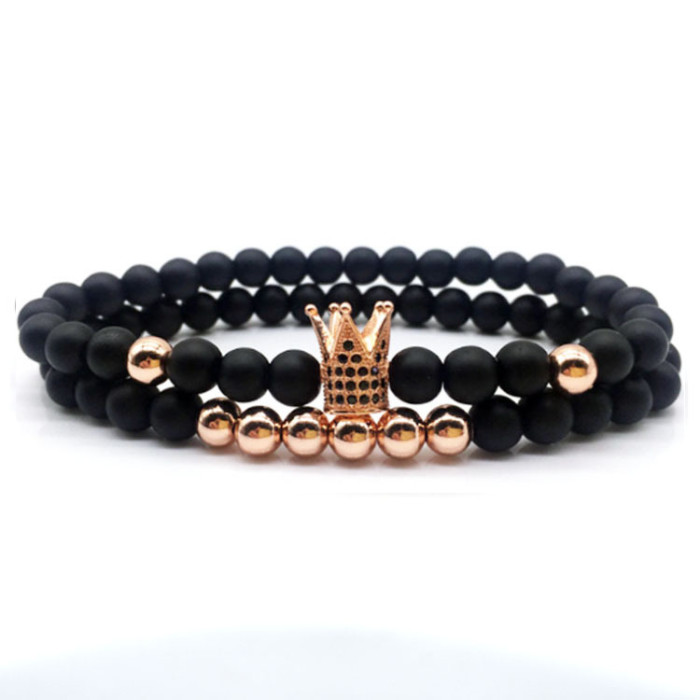 European and American New Style 6mm Black Matte Copper Bead Bracelet Micro Inlaid Zircon Crown Bracelet Couple Bracelet Factory Direct Sale
