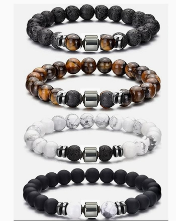 8mm Tiger Eye Bracelet Handmade Woven White Turquoise Bracelet Set Elastic Lava Adjustable Black Unisex Bracelet