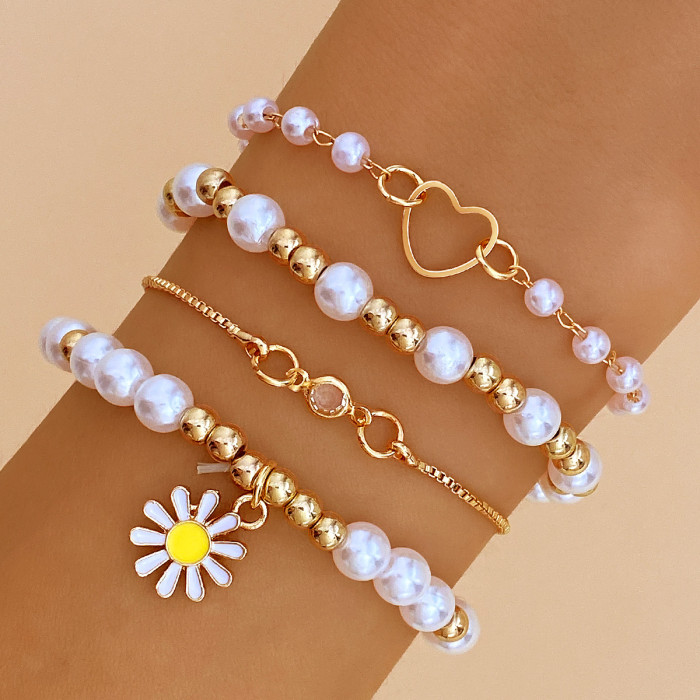 New Style Geometric Daisy Flower Heart Pearl Bracelet Personality Trendy Multi-Layer Stacking Bracelet Set