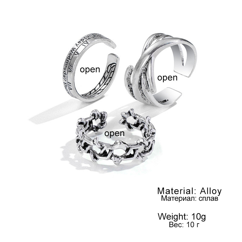 Korean Jewelry Fashion European and American Hip-Hop Minimalist Style Ring 3-Piece Set Personality Open Index Finger Ring Hexagram Retro Knuckle Ring
