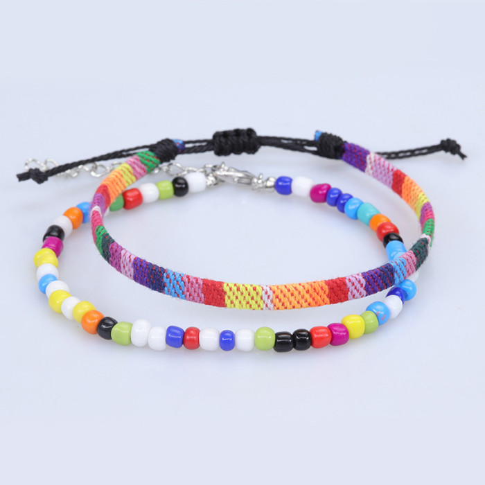 Amazon Hot Sale New Bohemian Style Rice Bead Woven Anklet Colorful Fabric Foot Jewelry Set Manufacturer in Stock
