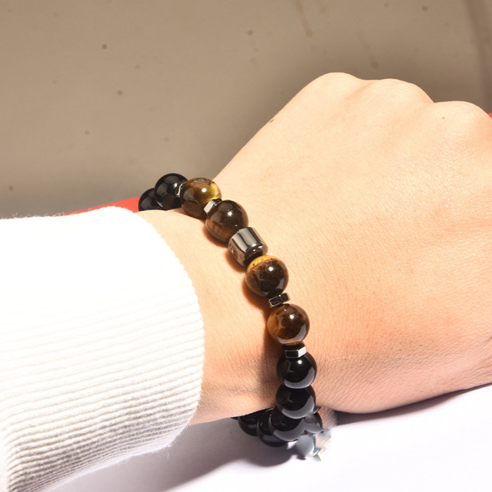 Stainless Steel Tiger Eye Obsidian Glossy Black Bead Men's Bracelet Cross-Border New Product Source Jewelry Manufacturer Direct Sale