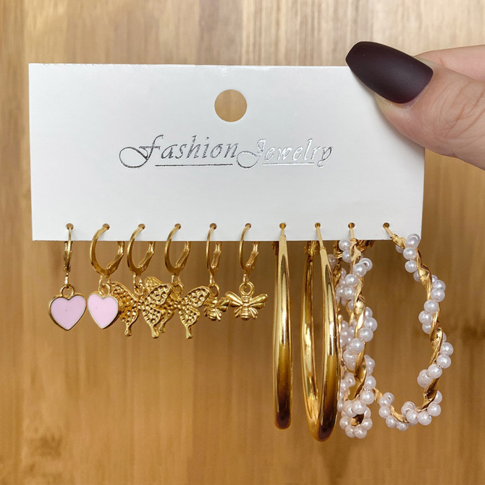 Korean Jewelry Circle Earrings Creative Vintage Pearl Earrings Set of 5 Acrylic Butterfly Pendant Earrings, Jewelry Sets