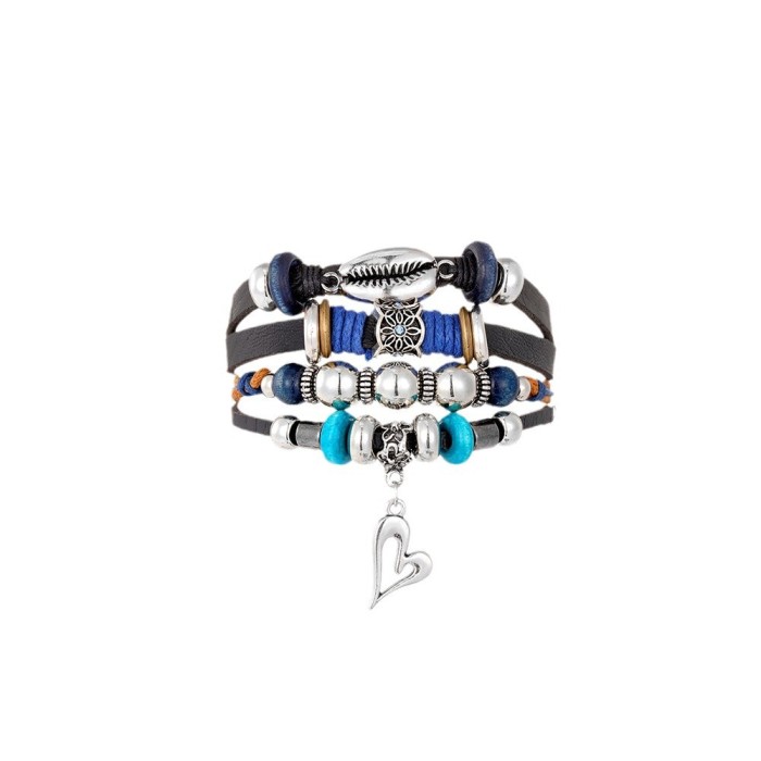Cross-Border Turquoise Men's Woven Faux Leather Bracelet Multi-Layer Leaf Pendant Beaded Women's Bracelet Wholesale