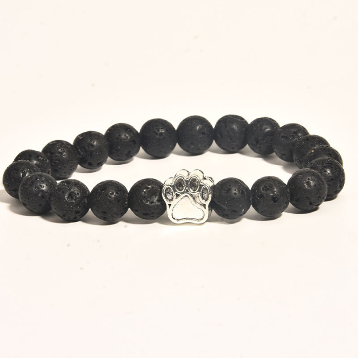 Wish Hot Sale 8mm Black Volcanic Rock Turquoise Dog Paw Elastic Cord Bracelet Factory Direct Sale Cross-Border Bestseller