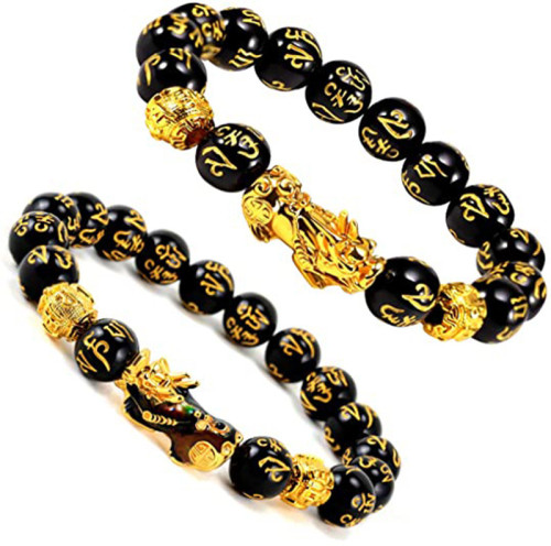 Hot-Selling 12MM Obsidian Gold Plated Pixiu Bracelet Unisex Six-Word Mantra Buddhist Bead Bracelet in Stock