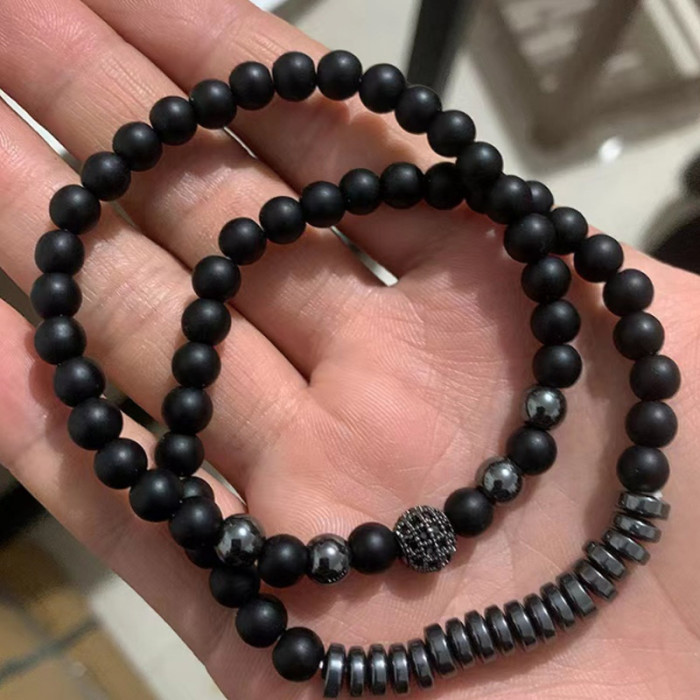 Foreign Trade New Model 6mm Black Matte Hand-Pierced Copper Bead UFO Micro Inlaid Diamond Ball Bracelet Men's Bracelet Set Wholesale
