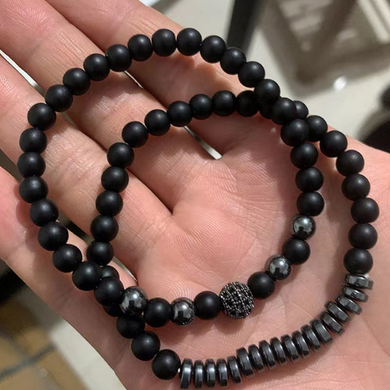 Foreign Trade New Model 6mm Black Matte Hand-Pierced Copper Bead UFO Micro Inlaid Diamond Ball Bracelet Men's Bracelet Set Wholesale