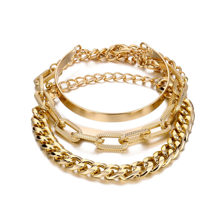 Amazon Hot-Selling Metal Bracelet Set Personality Thick Chain Bracelet Smooth Multi-Layer Open Bangle, Jewelry Sets