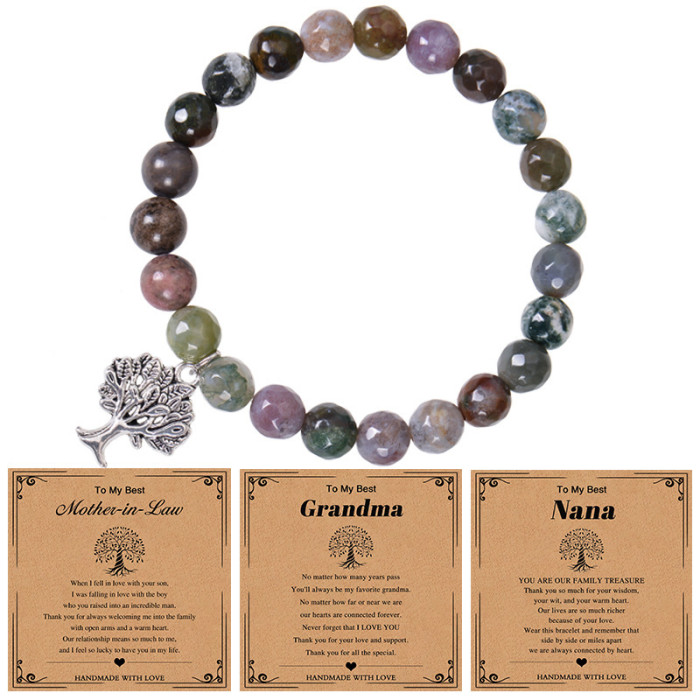 Hot-Selling European and American Grandma Pink Zebra Stone Bracelet Tree of Life Pendant Bracelet Nana Grandma Card Gift